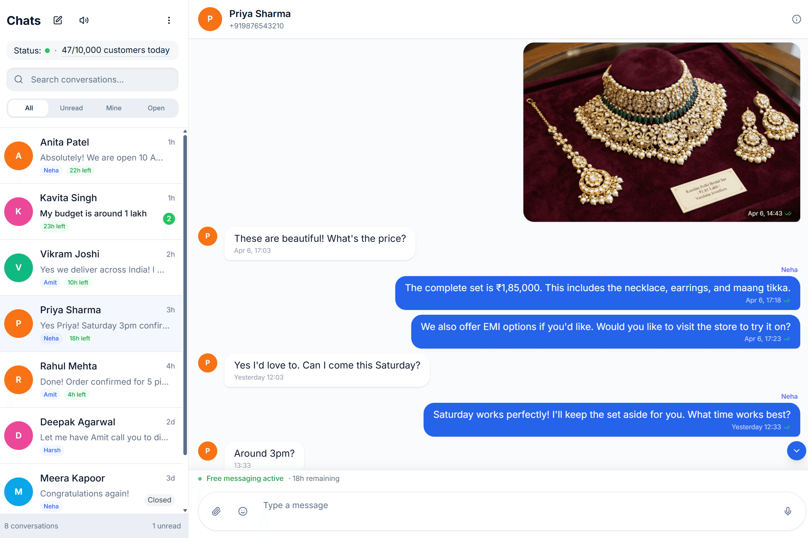 Semora team inbox with shared WhatsApp conversations, assignment, and session timer