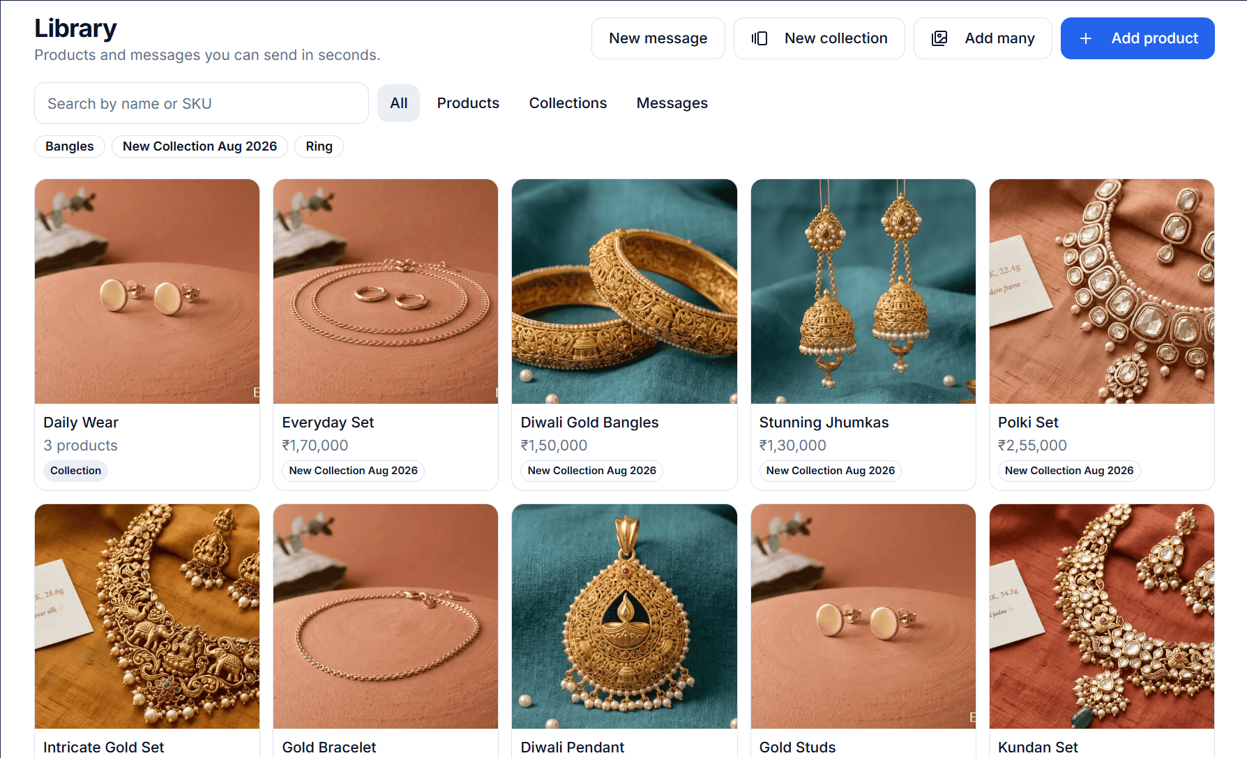Semora product library showing collections and product cards with names and prices