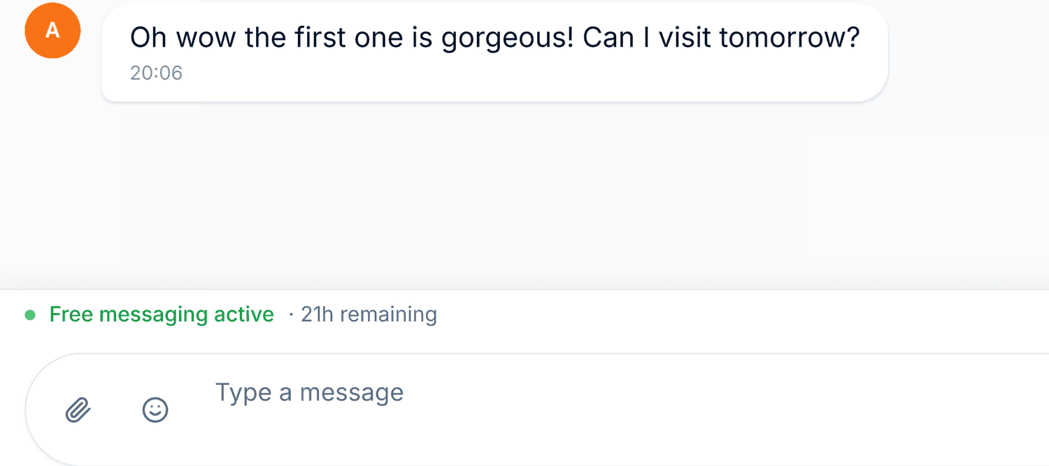 Semora inbox showing free messaging active with 21 hours remaining