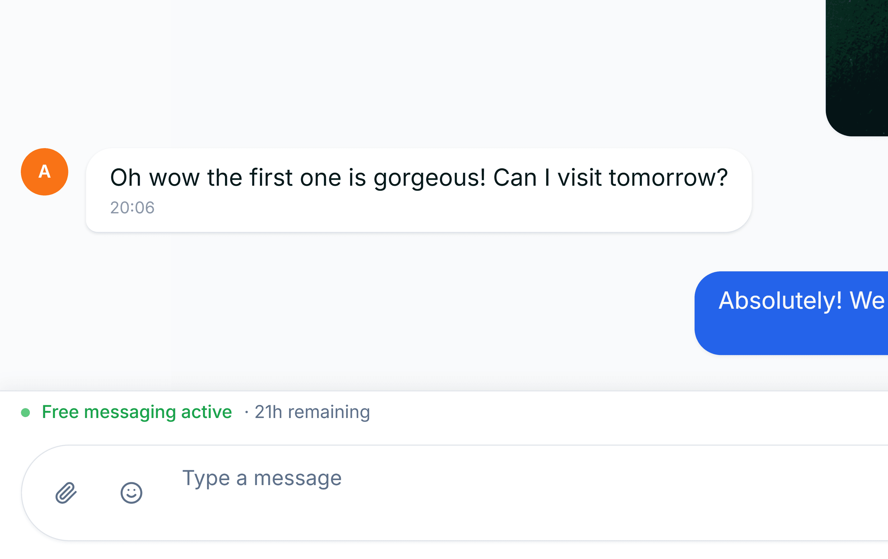 Semora inbox showing free messaging active with 21 hours remaining