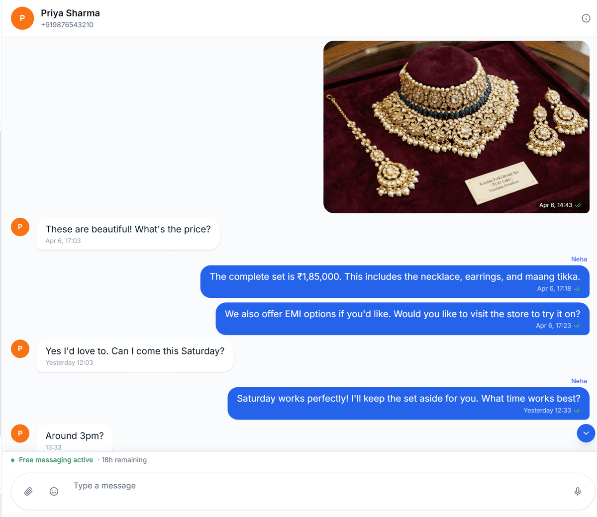 Priya asks the price. Your team answers from one inbox.